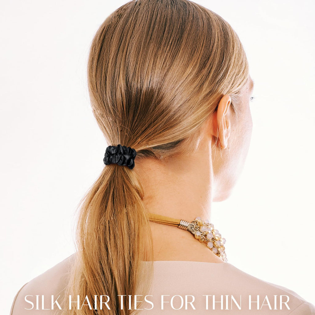 OLESILK 100% Mulberry Silk Hair Ties for Women | Skinny Scrunchies, No Damage, No Crease, 5 Pack, Black