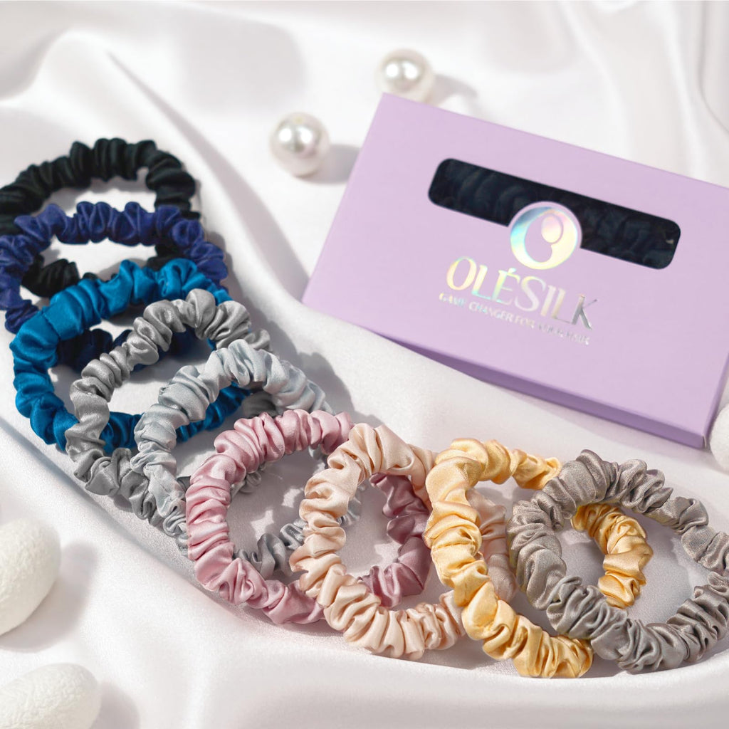 OLESILK 100% Mulberry Silk Hair Ties for Women | Skinny Scrunchies, No Damage, No Crease, 5 Pack, Black
