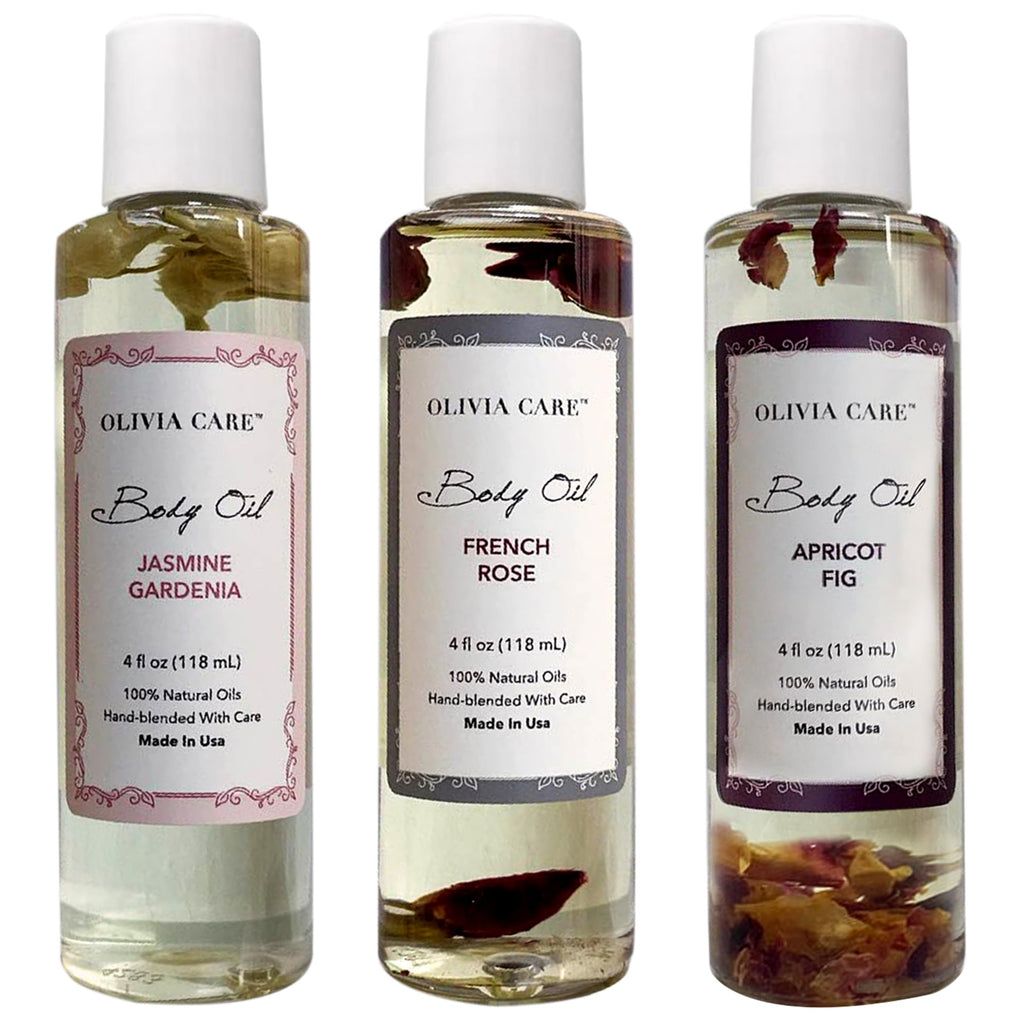 Olivia Care 3 Pack Body Oils: Apricot Fig, French Rose & Jasmine Gardenia
