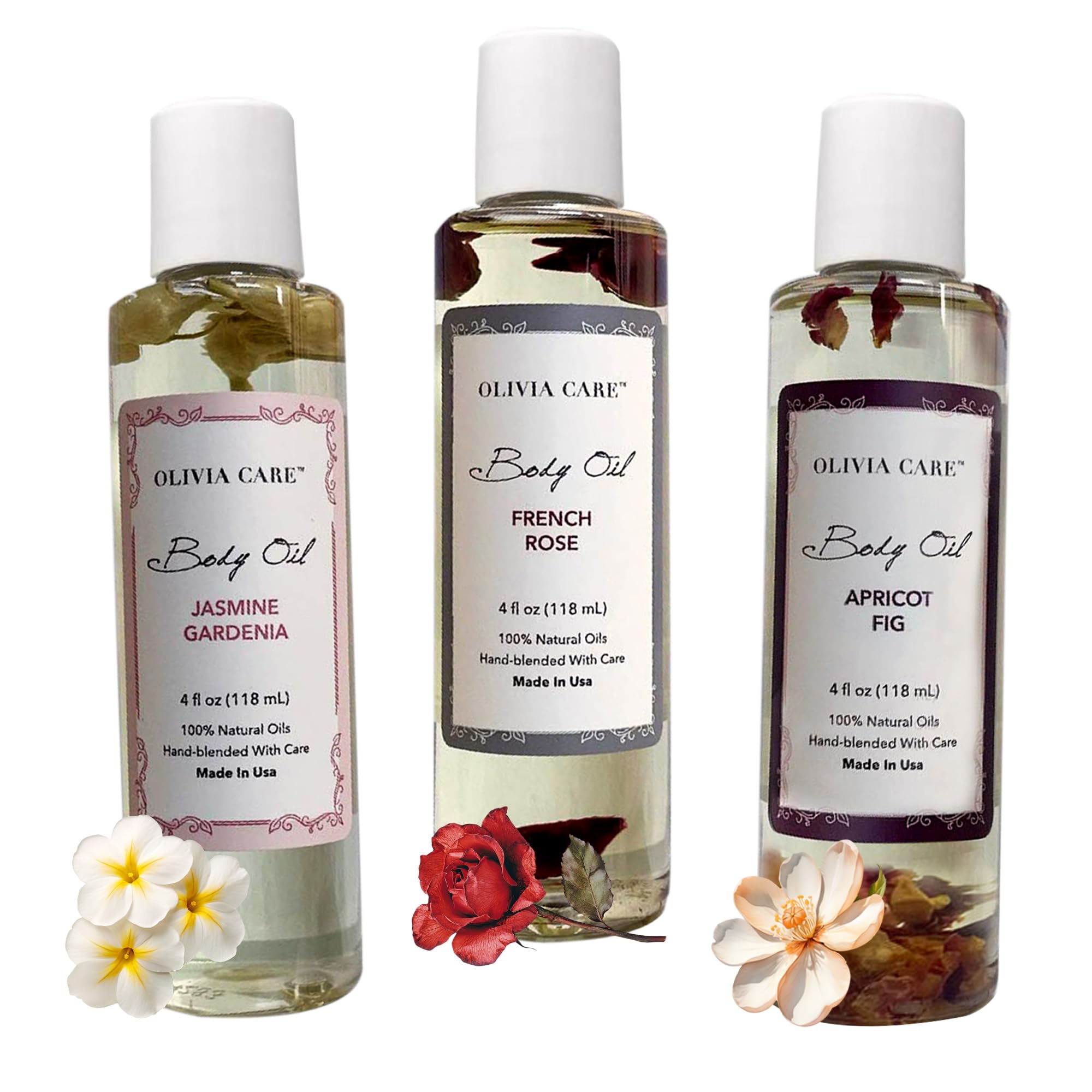 Olivia Care 3 Pack Body Oils: Apricot Fig, French Rose & Jasmine Gardenia