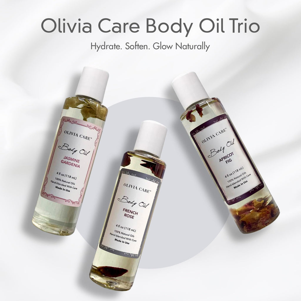 Olivia Care 3 Pack Body Oils: Apricot Fig, French Rose & Jasmine Gardenia