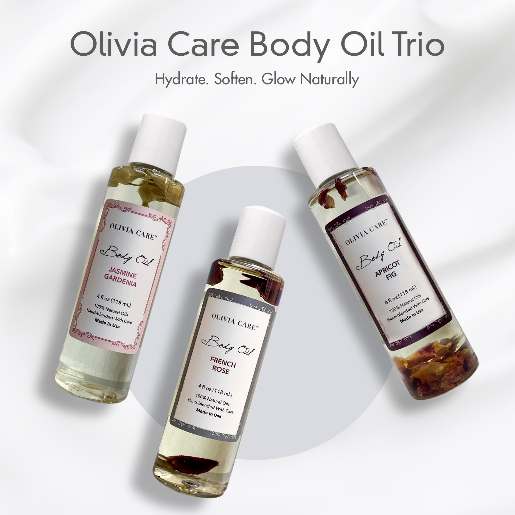 Olivia Care 3 Pack Body Oils: Apricot Fig, French Rose & Jasmine Gardenia