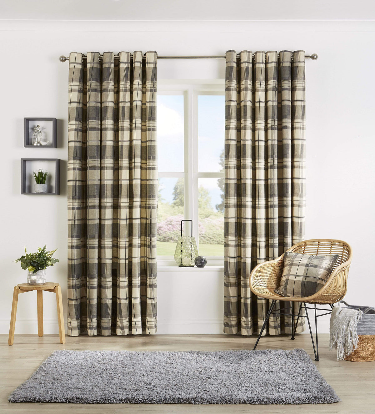 OLIVIA ROCCO Check Pattern Curtains With Matching Cushion Covers Premium Cotton Mix