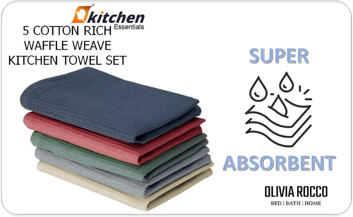 OLIVIA ROCCO 5 Pack Ultra Absorbent Waffle Kitchen Tea Towels Soft Cotton Assorted