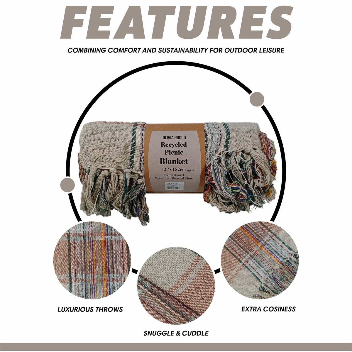OLIVIA ROCCO Eco Friendly Recycled Cotton Picnic Blanket 130 x 150 cm Check Stripe Design