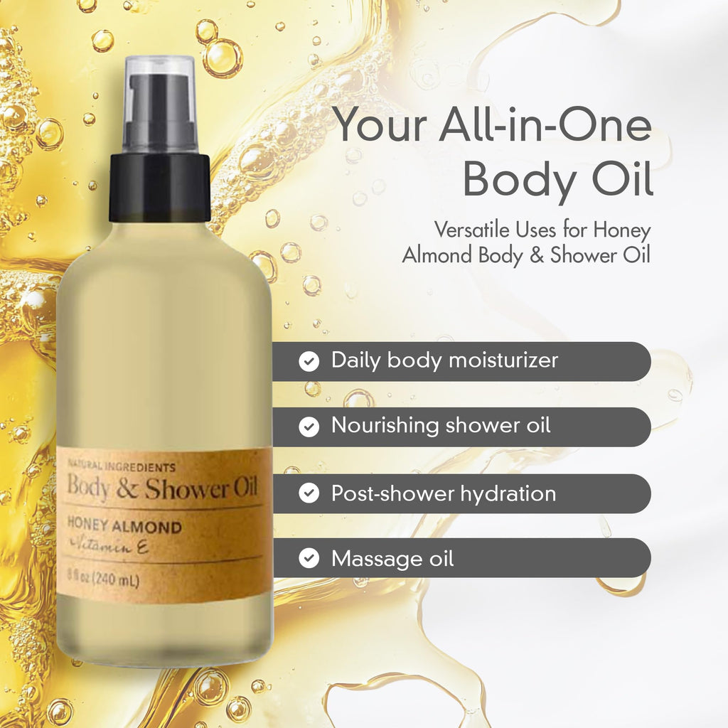 Olivia Care Nourishing Honey Almond Body Oil with Vitamin E | In-Shower Hydration for All Skin Types – 8 oz