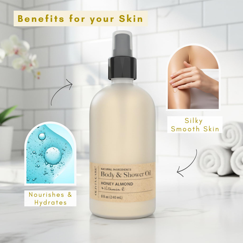 Olivia Care Nourishing Honey Almond Body Oil with Vitamin E | In-Shower Hydration for All Skin Types – 8 oz