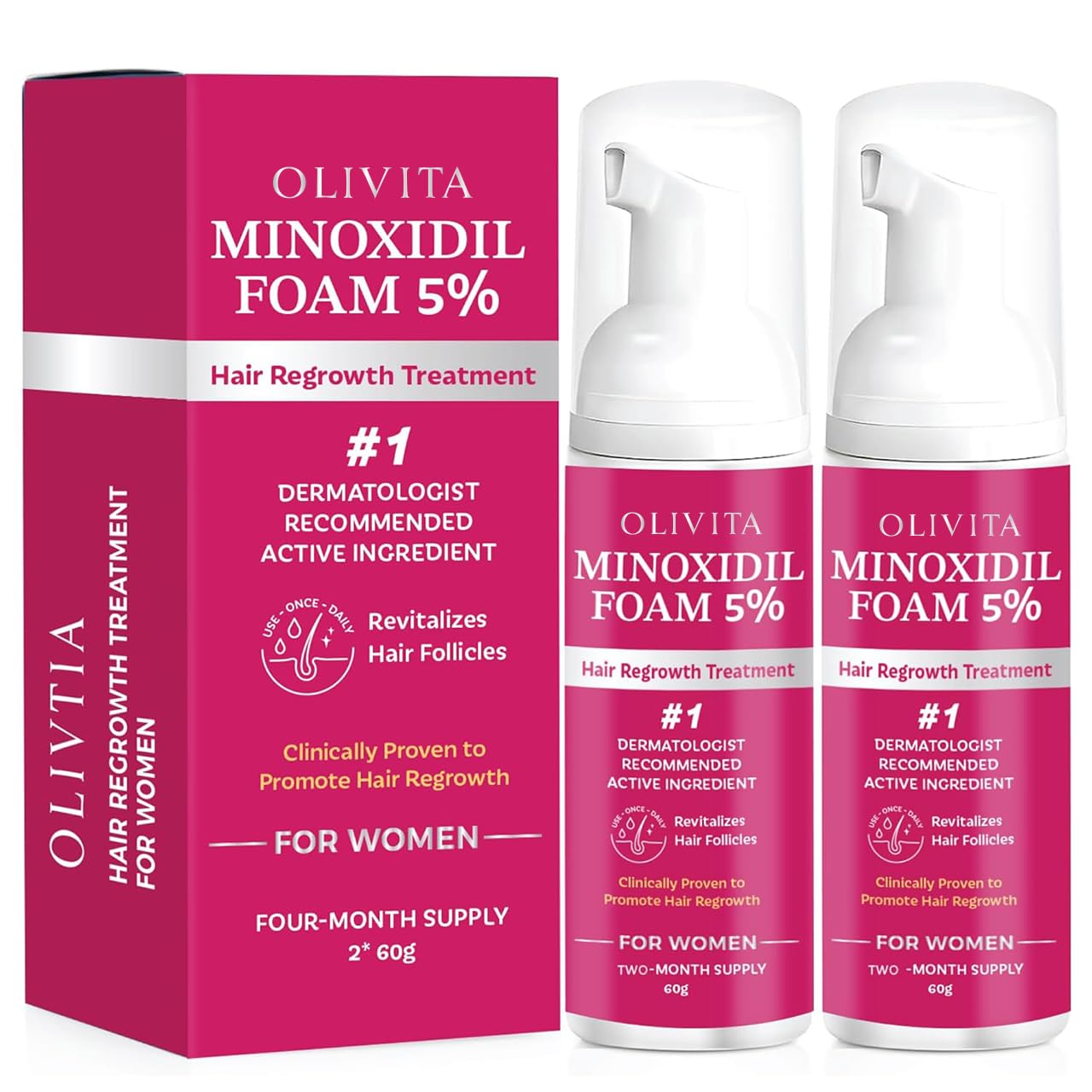 OLIVITA 5% Minoxidil Foam for Women – Extra Strength Hair Regrowth (2x60ml)