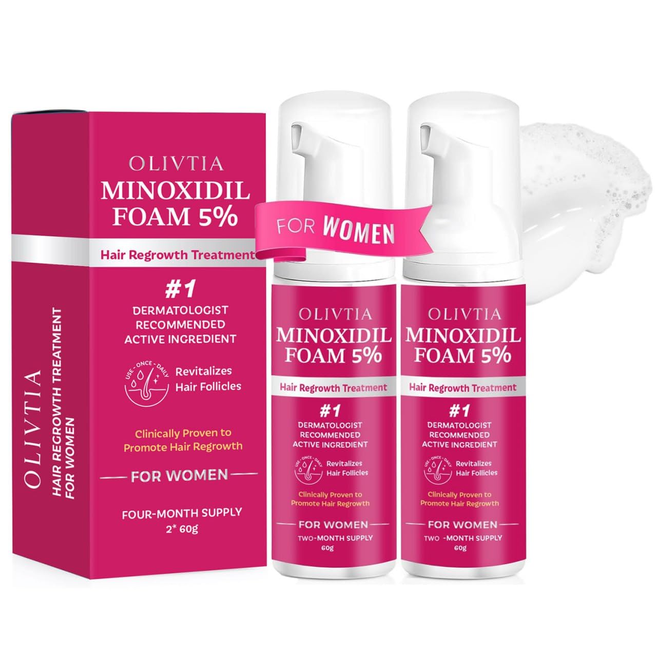 OLIVITA 5% Minoxidil Foam – Extra Strength Hair Regrowth for Women & Men, 2x60ml