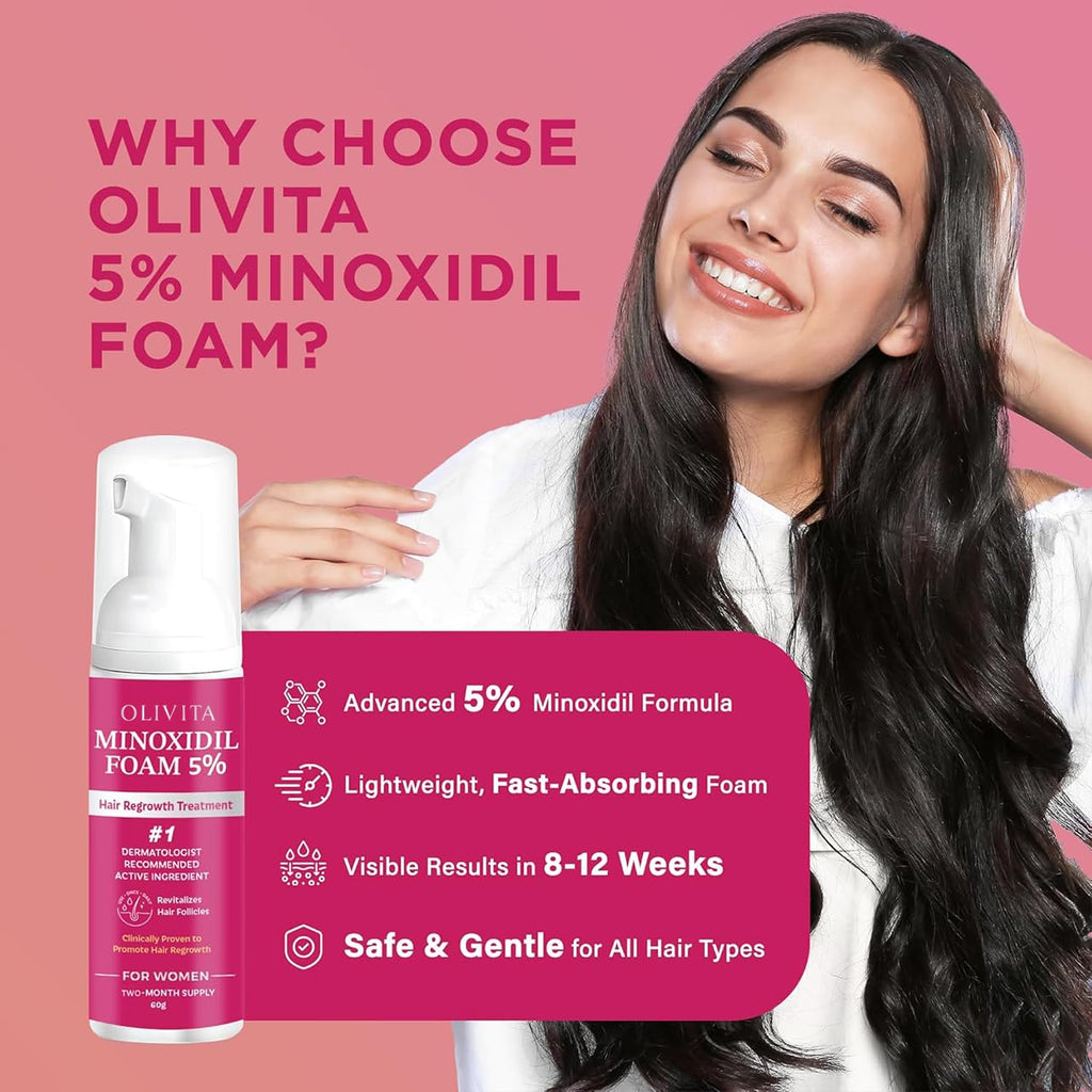OLIVITA 5% Minoxidil Foam for Women – Extra Strength Hair Regrowth (2-Pack)