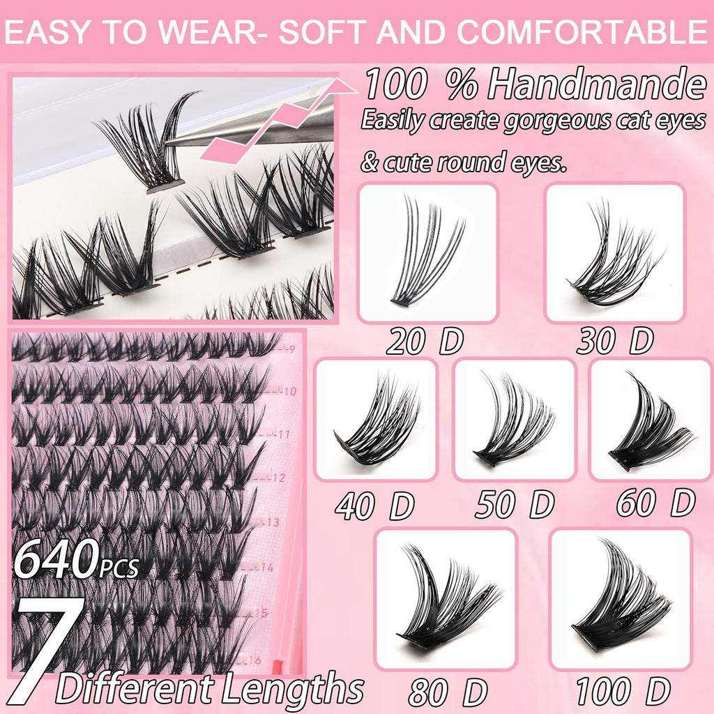 OLLAVO Lash Clusters Kit – 640 Pcs 9-16mm D Curl Wispy Extensions