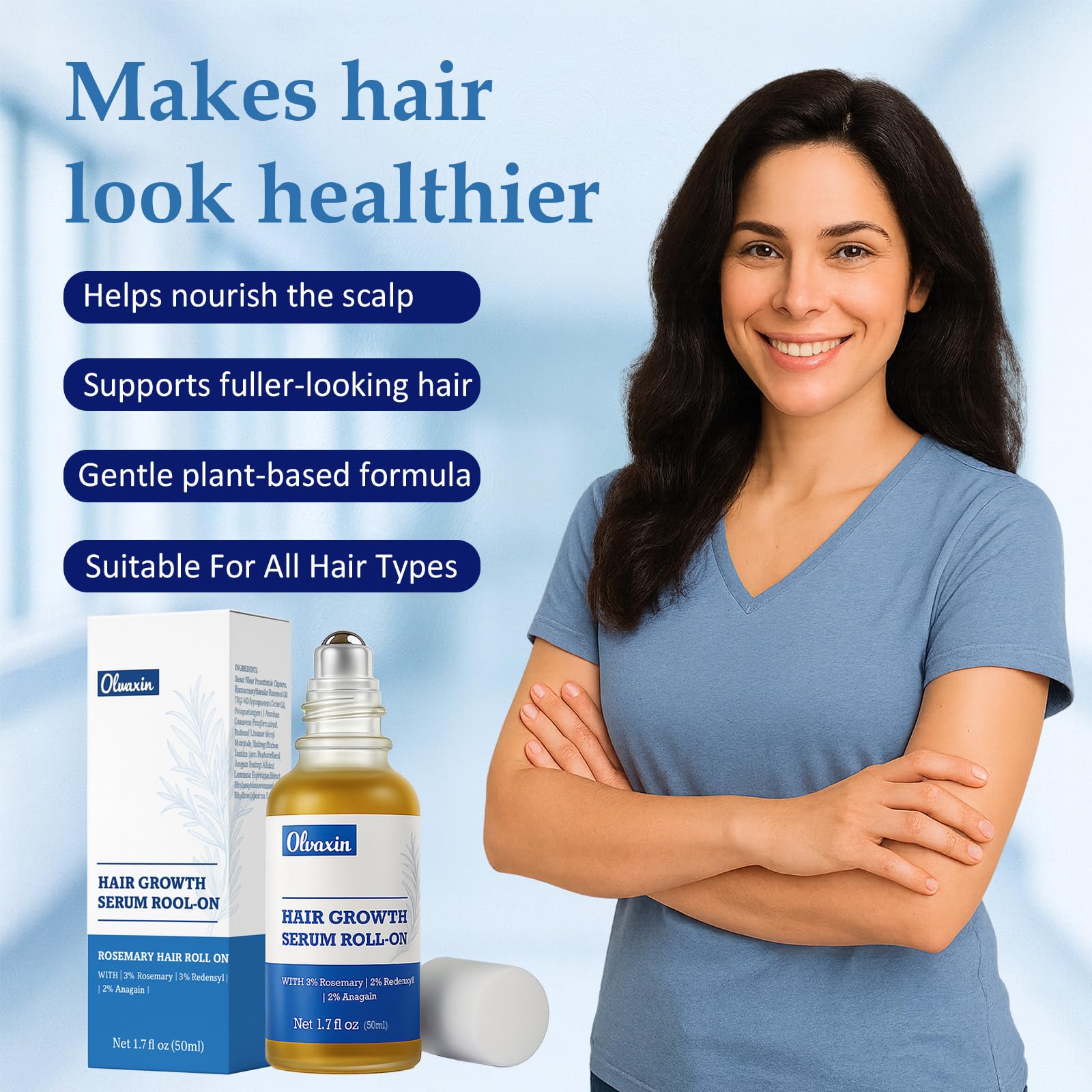 Olvaxin Rosemary Hair Serum Roll-On 50ml – No-Rinse, Fast-Absorbing, Fuller Hair
