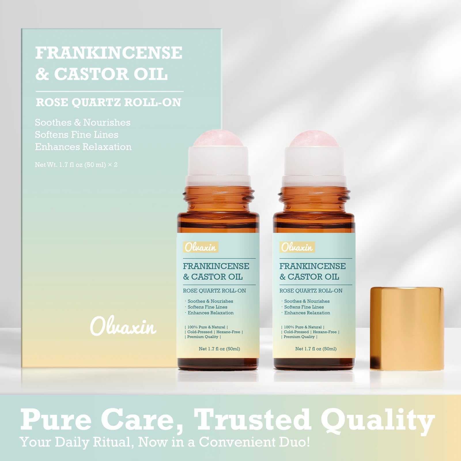 Olvaxin Frankincense & Castor Oil Roll-On with Rose Quartz — 2-Pack, 3.4 fl oz Total