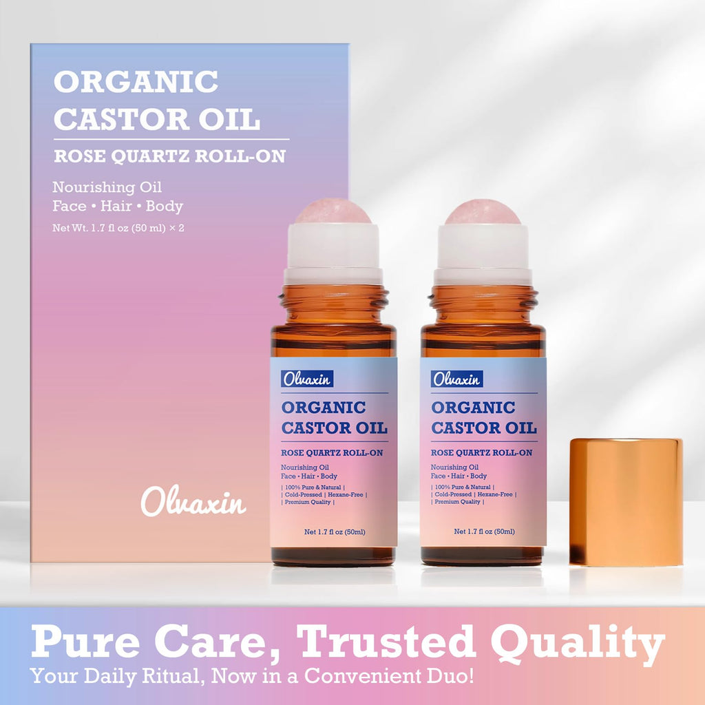 Olvaxin Organic Castor Oil Roll-On with Rose Quartz — 2 Pack (1.7 fl oz each)