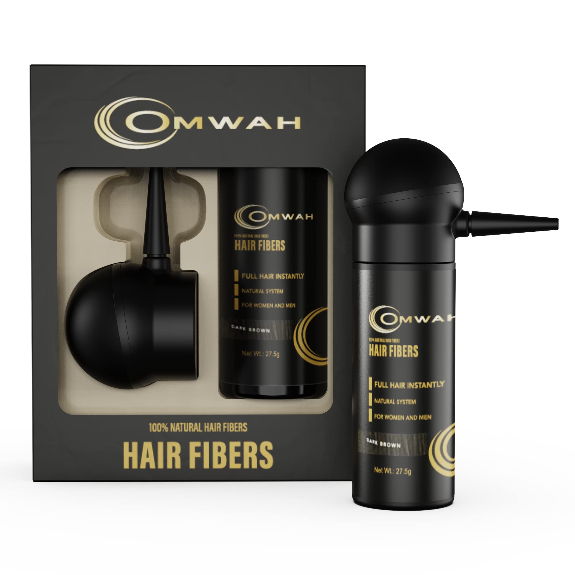 OMWAH Natural Hair Fibers 2-in-1 Kit (Dark Brown) – Instant Fuller Hair & Spray Applicator