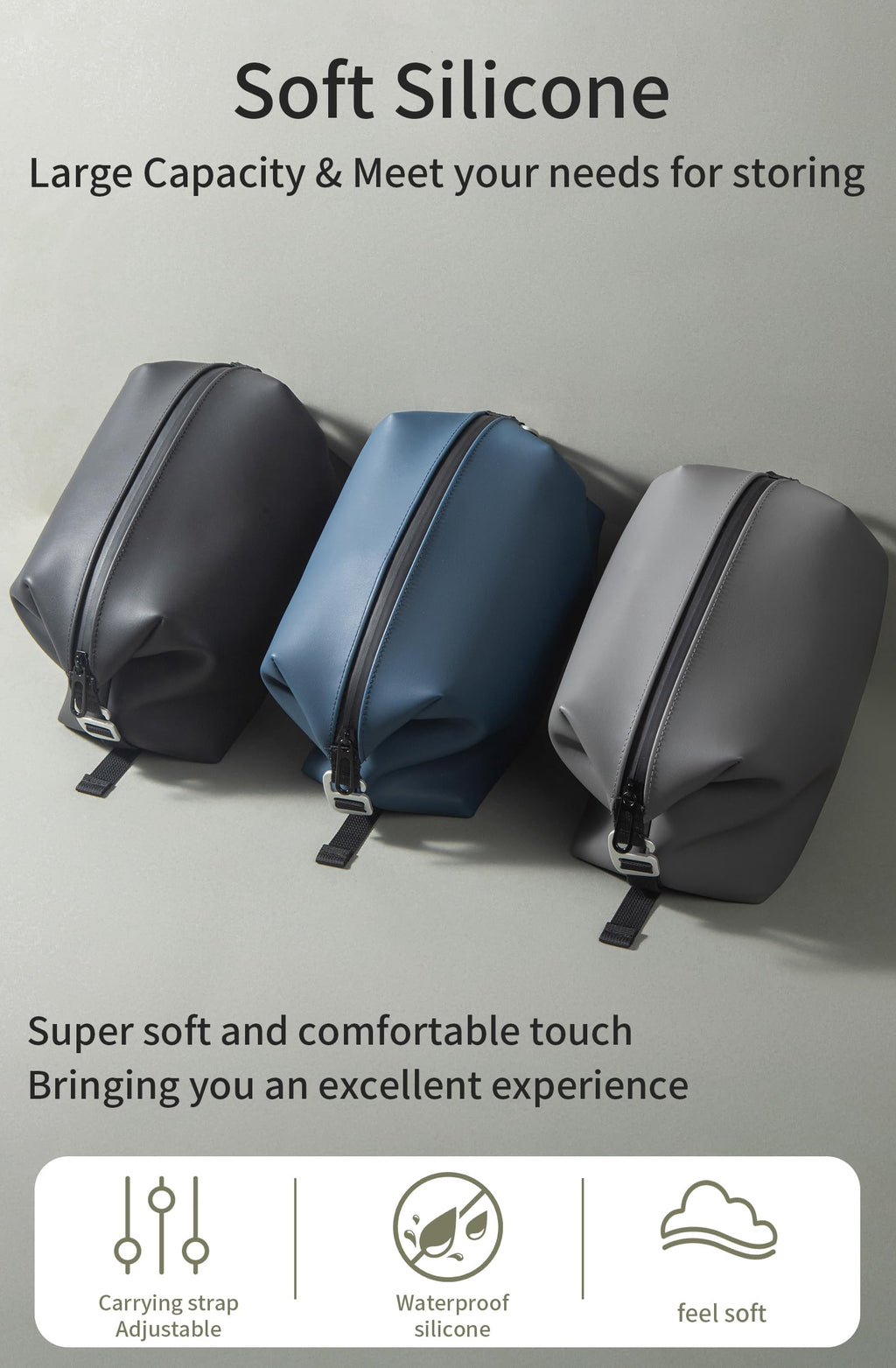 Onbagway 6x9.84 in Large Silicone Toiletry Bag – 4.5L, Waterproof, Foldable Travel Organizer, Navy