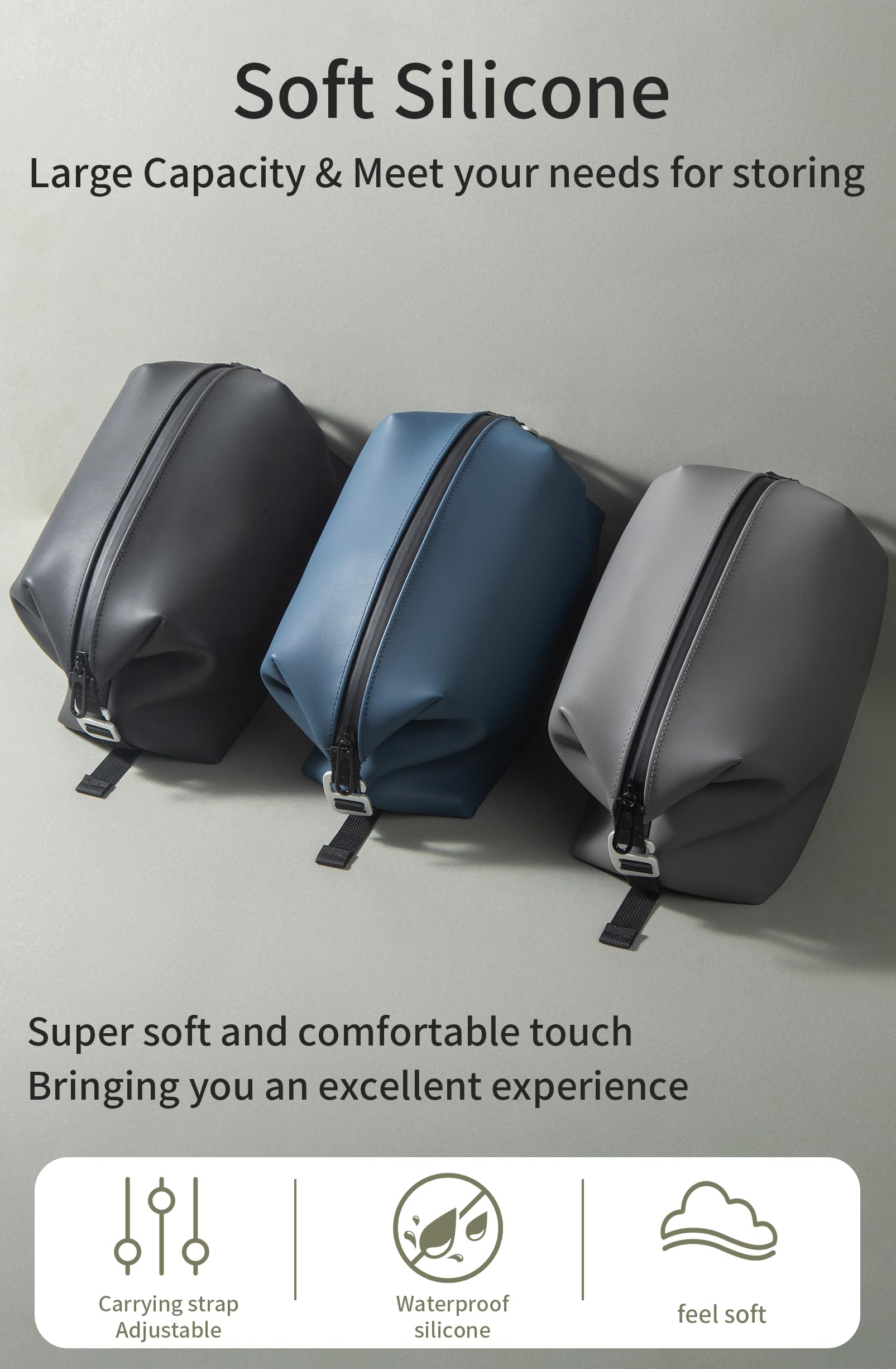 Onbagway 6x9.84 in Large Silicone Toiletry Bag – 4.5L, Waterproof, Foldable Travel Organizer, Navy