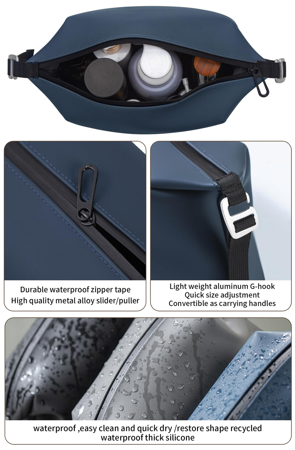 Onbagway 6x9.84 in Large Silicone Toiletry Bag – 4.5L, Waterproof, Foldable Travel Organizer, Navy