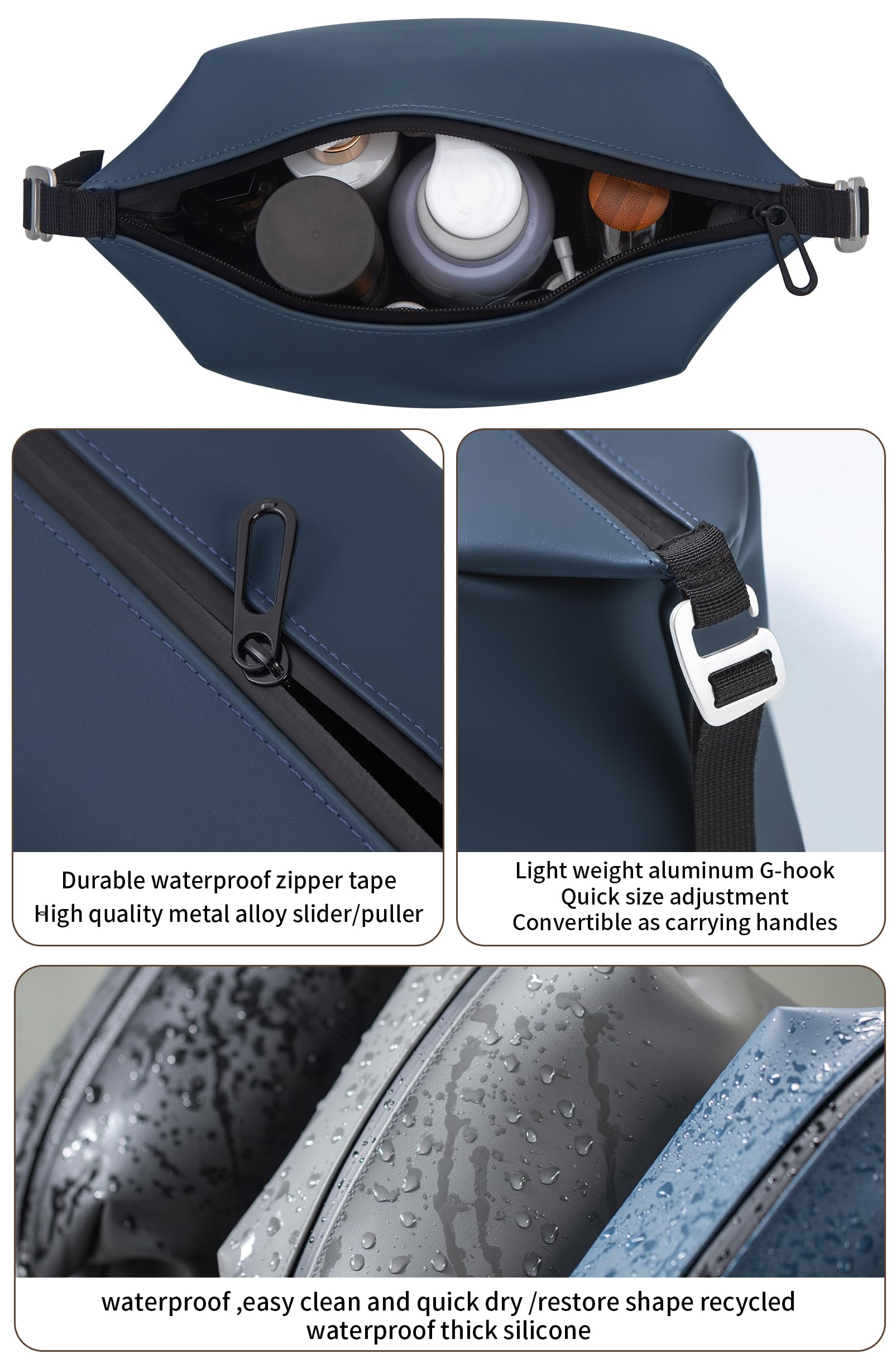 Onbagway 6x9.84 in Large Silicone Toiletry Bag – 4.5L, Waterproof, Foldable Travel Organizer, Navy