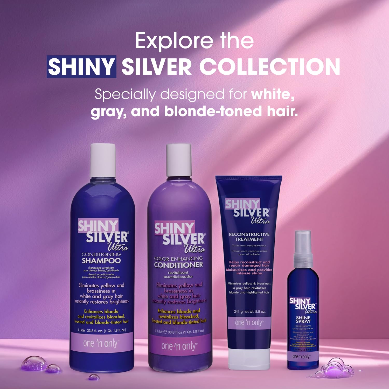 One 'N Only Shiny Silver Purple Shampoo with Argan Oil - Toner for Blonde, Gray, White & Highlighted Hair