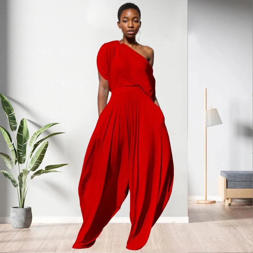 One Shoulder Top Solid Colour Women 2 Piece Pants Set