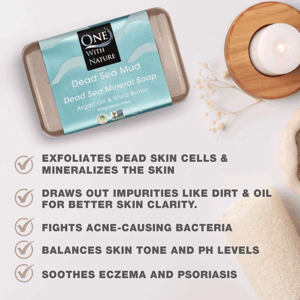 One With Nature Dead Sea Mineral Mud Soap Bar, 7 oz – Fragrance Free, Shea Butter, Argan Oil