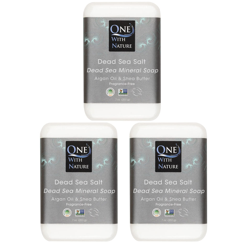 One With Nature Dead Sea Salt Soap 7oz 3-Pack – Purifying & Exfoliating Unscented Bar for Face & Body