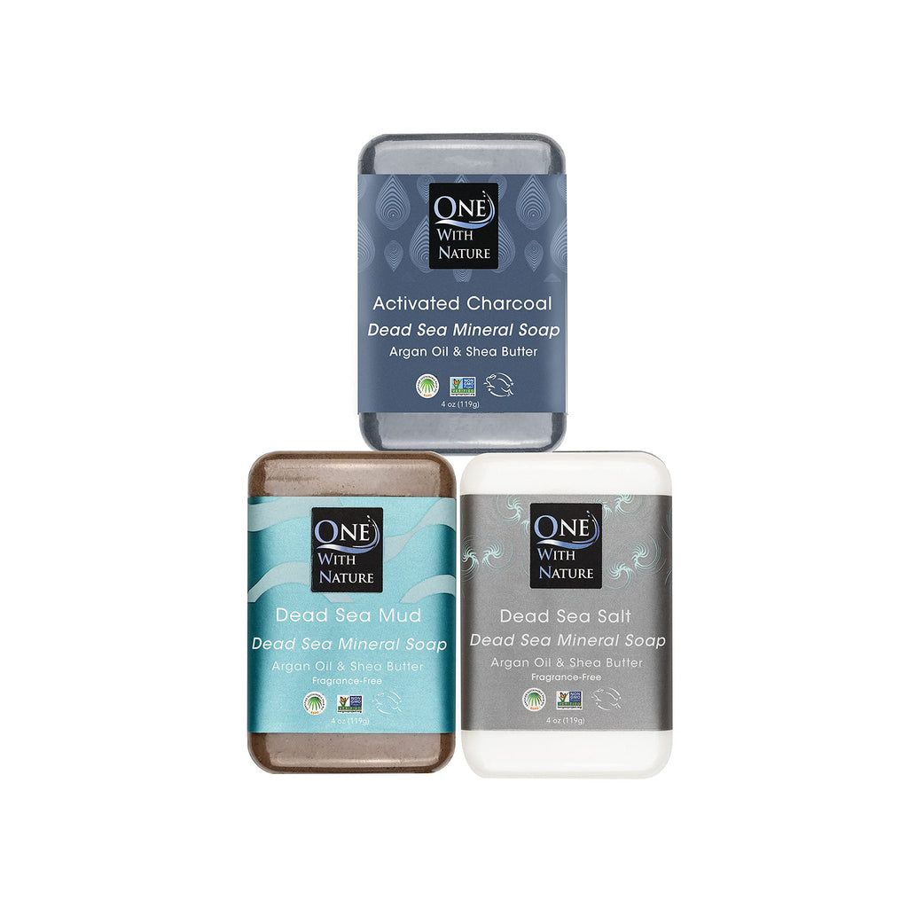 One With Nature Dead Sea Soap 3Pk – Detoxifying Mud, Charcoal & Salt Bars