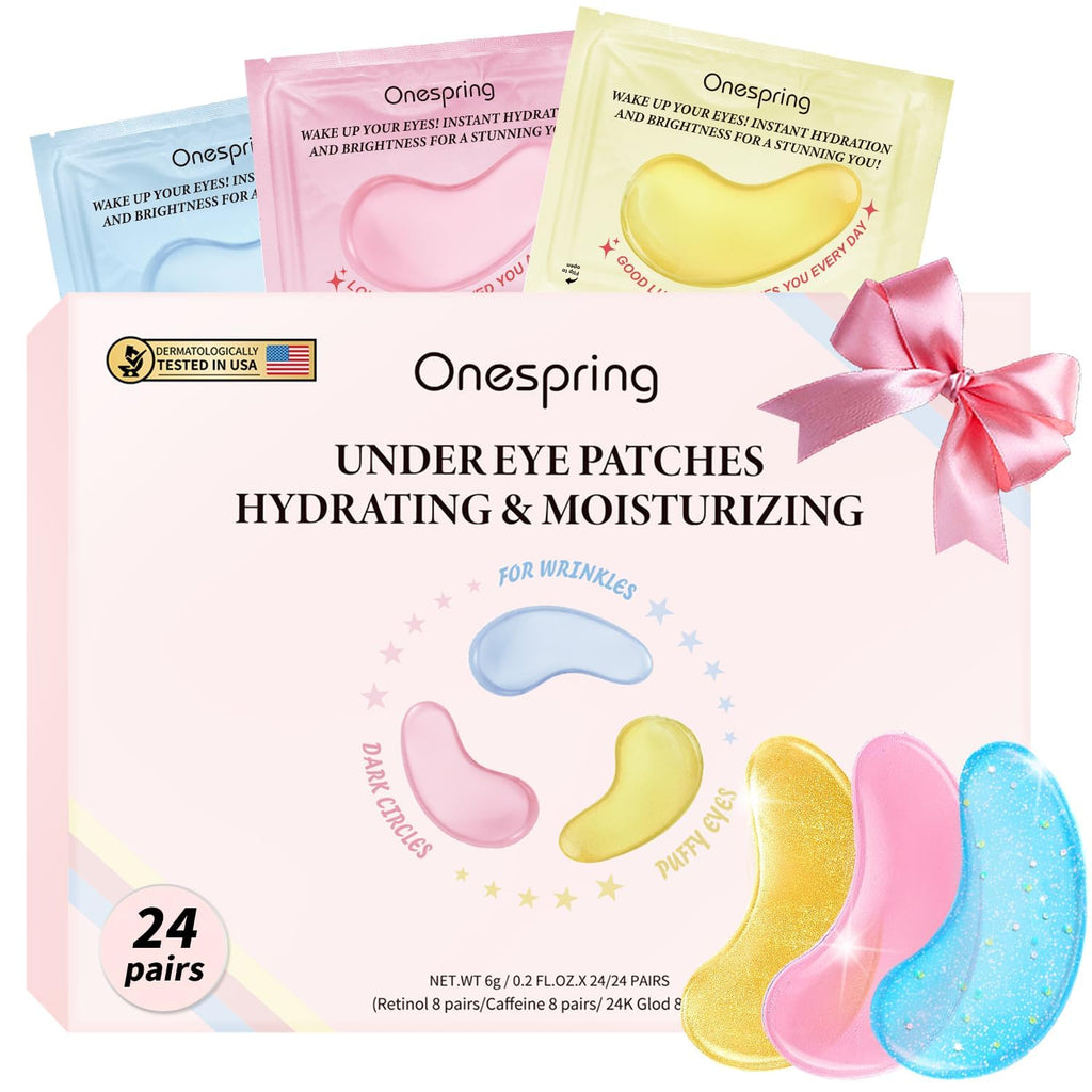 Onespring Eye Masks 24 Pairs – Caffeine, 24K Gold & Retinol Under Eye Patches – Puffy Eyes, Dark Circles & Fine Lines