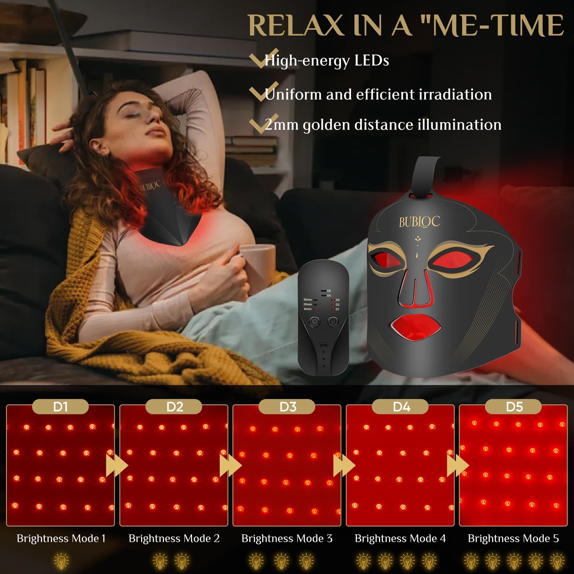 Onisdin Red Light Therapy Mask Set – 5-Level Brightness, 630nm + 850nm Infrared LED, Face & Neck, Portable