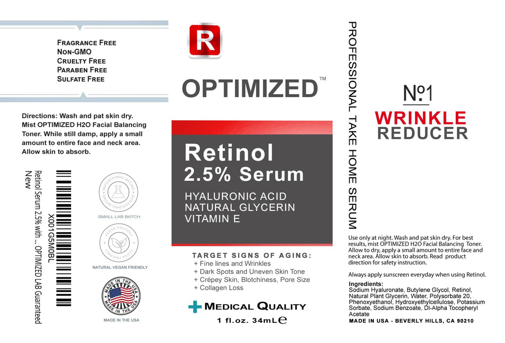 OPTIMIZED Retinol Serum 2.5% with Hyaluronic Acid, Glycerin & Vitamin E – Smooth Fine Lines