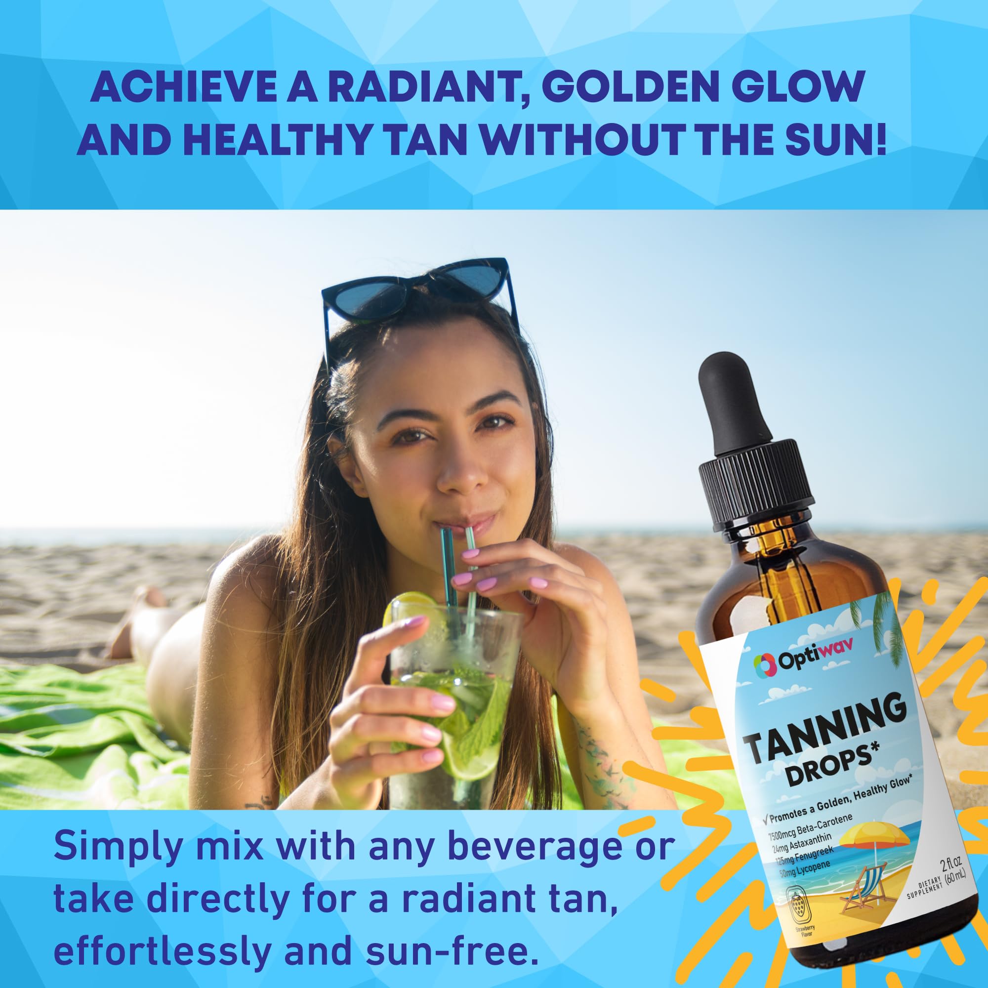 Optiwav Sunless Tanning Drops to Drink – Drinkable Self Tanner for Face & Body (Vegan, Sugar-Free)