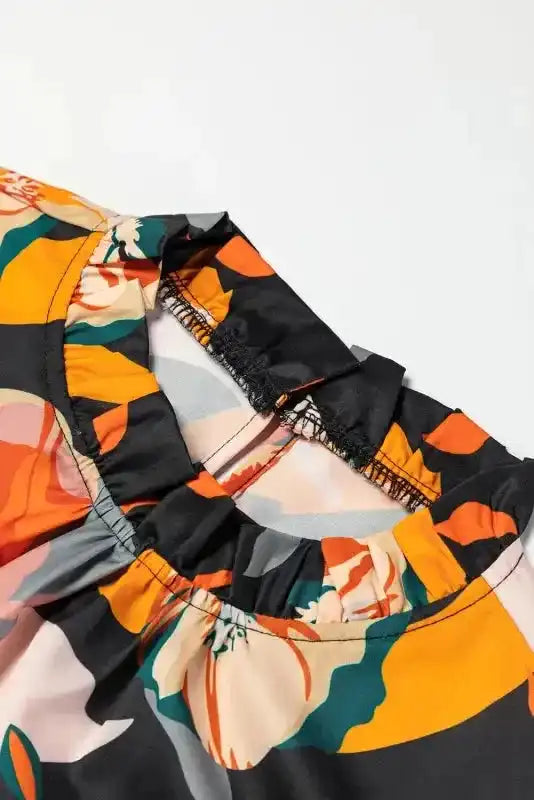 Orange Floral Tie Neck Long Sleeve Midi Dress