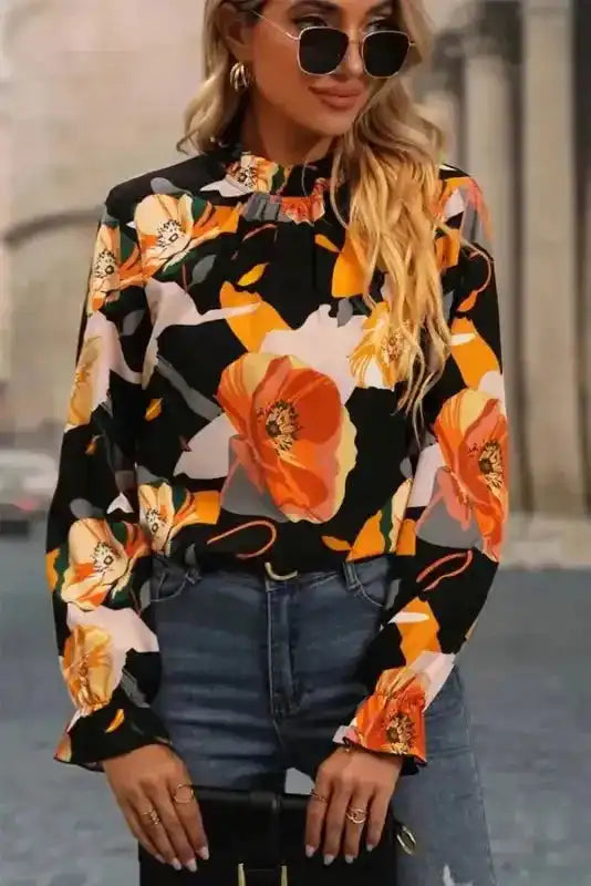 Orange Floral Tie Neck Long Sleeve Midi Dress