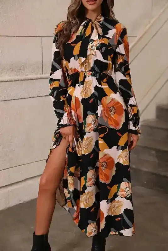 Orange Floral Tie Neck Long Sleeve Midi Dress