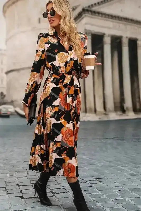 Orange Floral Tie Neck Long Sleeve Midi Dress