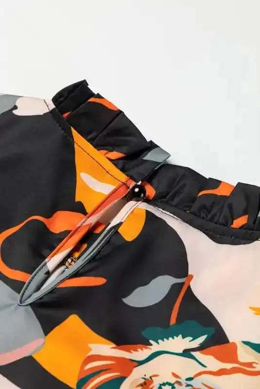 Orange Floral Tie Neck Long Sleeve Midi Dress