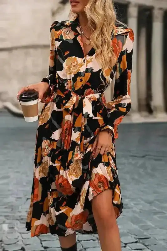 Orange Floral Tie Neck Long Sleeve Midi Dress