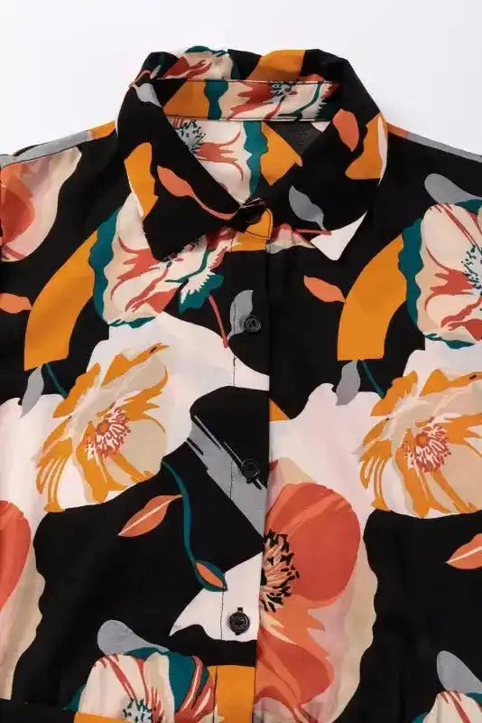 Orange Floral Tie Neck Long Sleeve Midi Dress