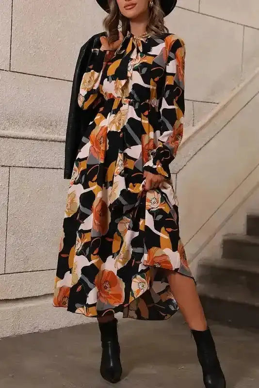 Orange Floral Tie Neck Long Sleeve Midi Dress