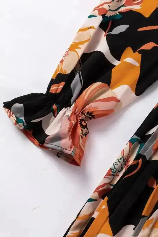 Orange Floral Tie Neck Long Sleeve Midi Dress