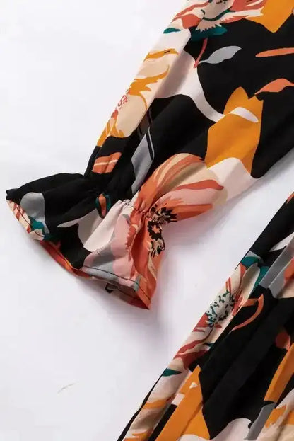 Elegant Orange Floral Long Sleeve Dress with Tie Neck