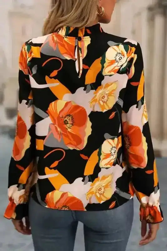 Orange Floral Tie Neck Long Sleeve Midi Dress