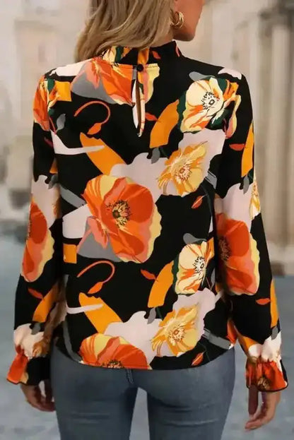 Elegant Orange Floral Long Sleeve Dress with Tie Neck