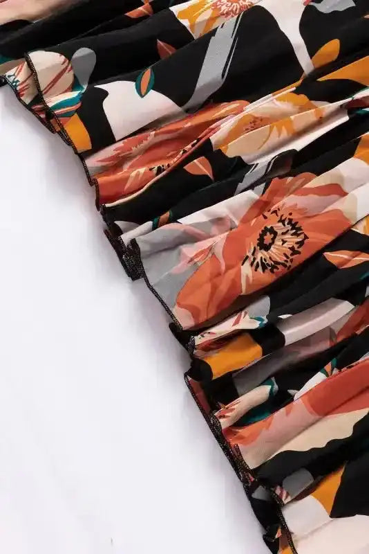 Orange Floral Tie Neck Long Sleeve Midi Dress