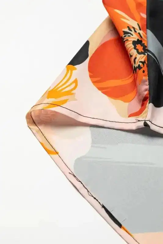 Orange Floral Tie Neck Long Sleeve Midi Dress