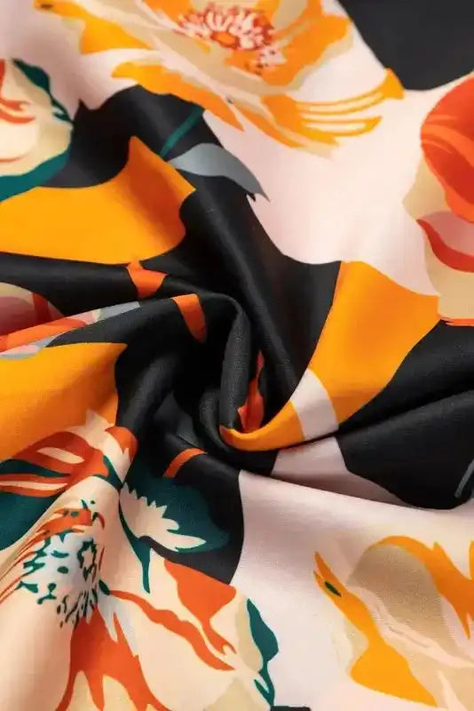 Orange Floral Tie Neck Long Sleeve Midi Dress