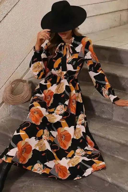 Orange Floral Tie Neck Long Sleeve Midi Dress