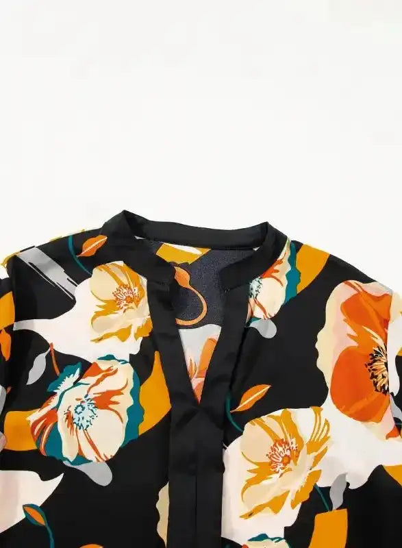 Orange Floral Tie Neck Long Sleeve Midi Dress