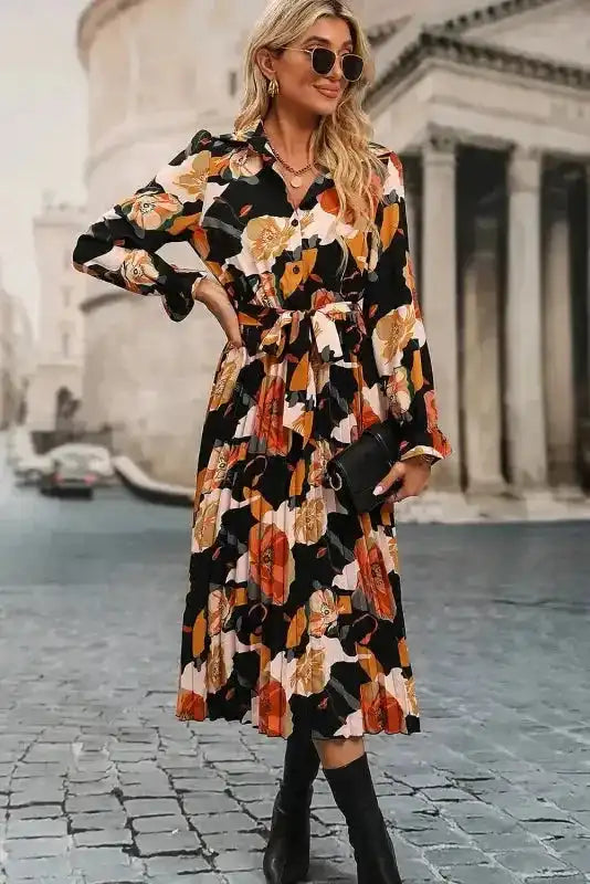 Orange Floral Tie Neck Long Sleeve Midi Dress